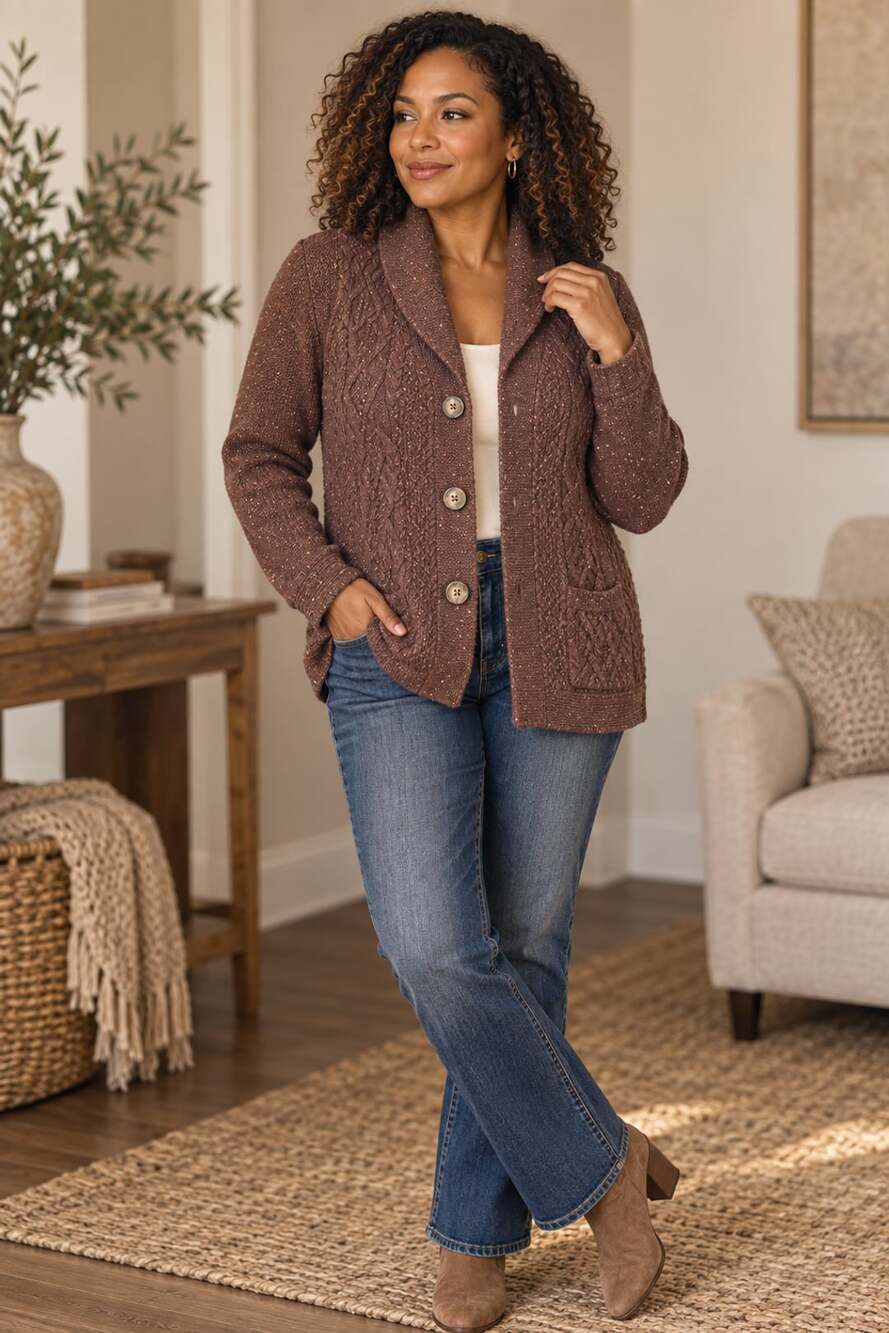 Eddie Bauer Women's Brown Cable Knit Shawl Collar Cardigan Sweater